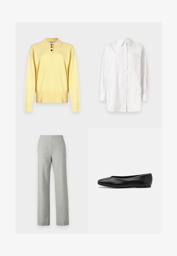 Yellow knitted polo sweater with a collar, featuring three dark buttons, ribbed hem, and long sleeves, made from soft fabric.; Button-up shirt with long sleeves, featuring vertical stripes in white, light blue, and light pink. Lightweight fabric with a collared neck.; Gray tailored trousers with a straight-leg design, made of a textured fabric. Features a smooth waistband and a clean, minimalist finish.; Paul Smith TOPANGA - Ballet pumps - black