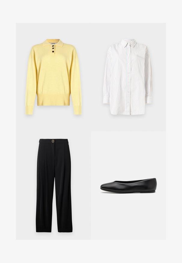 Pull polo tricoté jaune avec un col, comportant trois boutons foncés, un ourlet côtelé et des manches longues, fabriqué en tissu doux.; Chemise blanche à manches longues avec des rayures verticales bleu clair et rose. Dotée d'une patte de boutonnage et d'un col pointu. Tissu doux.; Pantalons larges noirs taille haute avec une fermeture à un bouton doré et des poches latérales, sur fond blanc.; Paul Smith TOPANGA - Ballerines - black