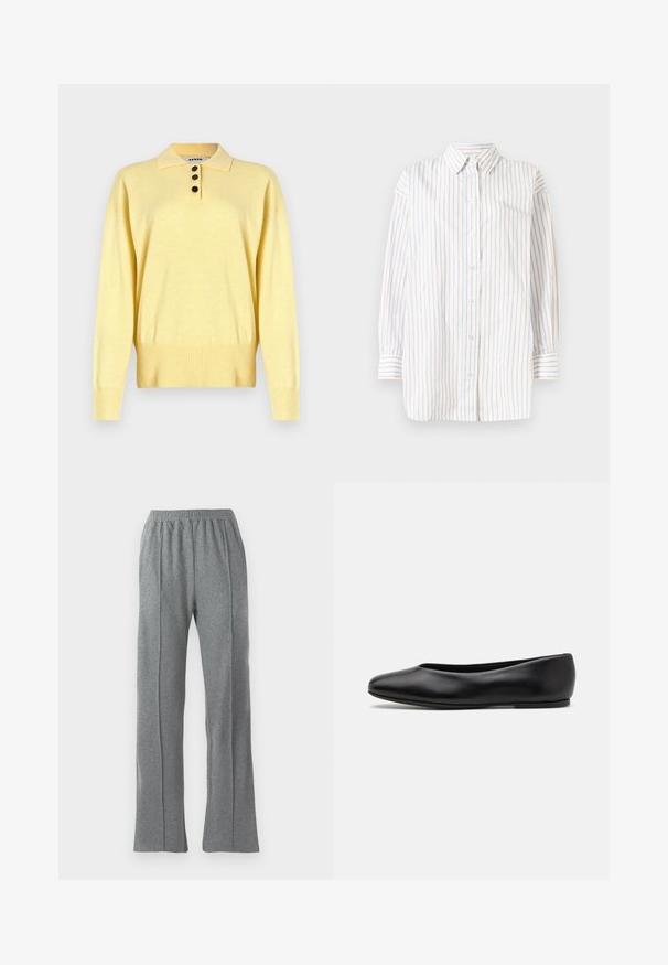 Pull polo tricoté jaune avec un col, comportant trois boutons foncés, un ourlet côtelé et des manches longues, fabriqué en tissu doux.; Chemise blanche à manches longues avec des rayures verticales bleu clair et rose. Dotée d'une patte de boutonnage et d'un col pointu. Tissu doux.; Pantalons de survêtement gris avec une taille élastique, présentant une coupe droite et des détails de couture latérale subtils. Fabriqué à partir d'un tissu doux et texturé.; Paul Smith TOPANGA - Ballerines - black