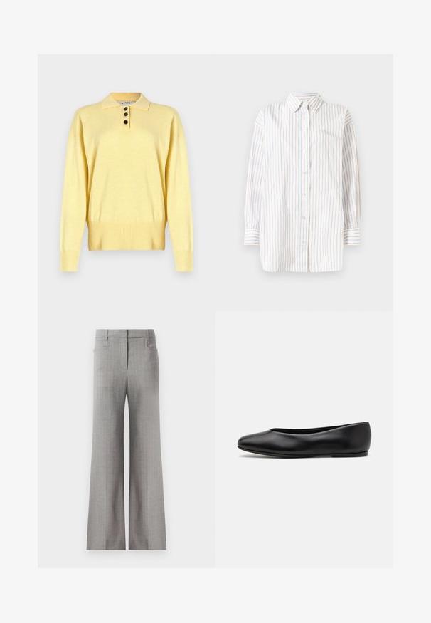 Yellow knitted polo sweater with a collar, featuring three dark buttons, ribbed hem, and long sleeves, made from soft fabric.; White long-sleeve shirt with vertical stripes in light blue and pink. Features a button-up front and a pointed collar. Soft fabric.; Light gray wide-leg trousers with a pinstriped pattern, featuring a tailored waistband and two side pockets. Smooth fabric texture.; Paul Smith TOPANGA - Ballet pumps - black