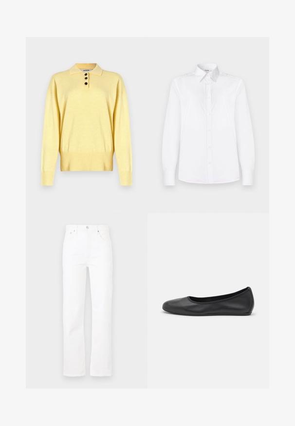 Kolliga kollane kudumiga polo sviiter, millel on kolm tumedat nuppu, soonikuga äär ja pikad varrukad, valmistatud pehmest kangast.; Valge pikakäigeline särk, mis on valmistatud siledast kangast, millel on krae ning ees on väikeste roosade nuppudega nööpidega kinnitamine.; Valged denim teksad sirge lõikega, viie taskuga ja nupuga sulgemisega. Sile tekstuur ja puhas disain, sobivad igapäevaseks kandmiseks.; Musthave mustika tantsutossud mustast nahast, ümmarguse varbaga, siledast tekstuurist, minimaalse õmblusdetailiga ja paindliku tallakujundusega.