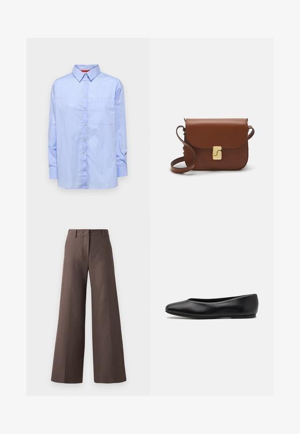 Yellow knitted polo sweater with a collar, featuring three dark buttons, ribbed hem, and long sleeves, made from soft fabric.; Light blue long-sleeve shirt with a button-down collar, front pocket, and a smooth fabric texture. Features buttons along the front.; Brown wide-leg trousers made from a smooth fabric; features a flat front, belt loops, and vertical seams down the legs.; Paul Smith TOPANGA - Ballet pumps - black; Brown leather handbag with a flap closure, gold-tone hardware, a shoulder strap, and a smooth texture. Compact rectangular shape.