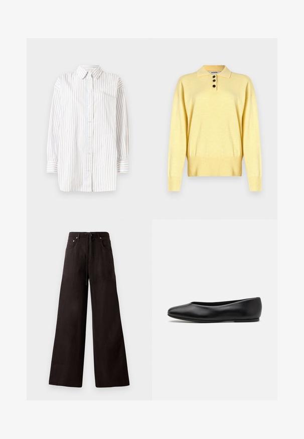 Żółty dzianinowy sweter polo z kołnierzykiem, z trzema ciemnymi guzikami, ściągacz na dole i długimi rękawami, wykonany z miękkiego materiału.; Koszula zapinana na guziki z długimi rękawami, w pionowe paski w kolorze białym, jasnoniebieskim i jasnoróżowym. Lekki materiał z kołnierzykiem.; Czarne spodnie szerokie wykonane z lekkiego materiału. Posiadają elastyczny pasek w talii, przednie kieszenie oraz subtelną teksturę.; Paul Smith TOPANGA czarny