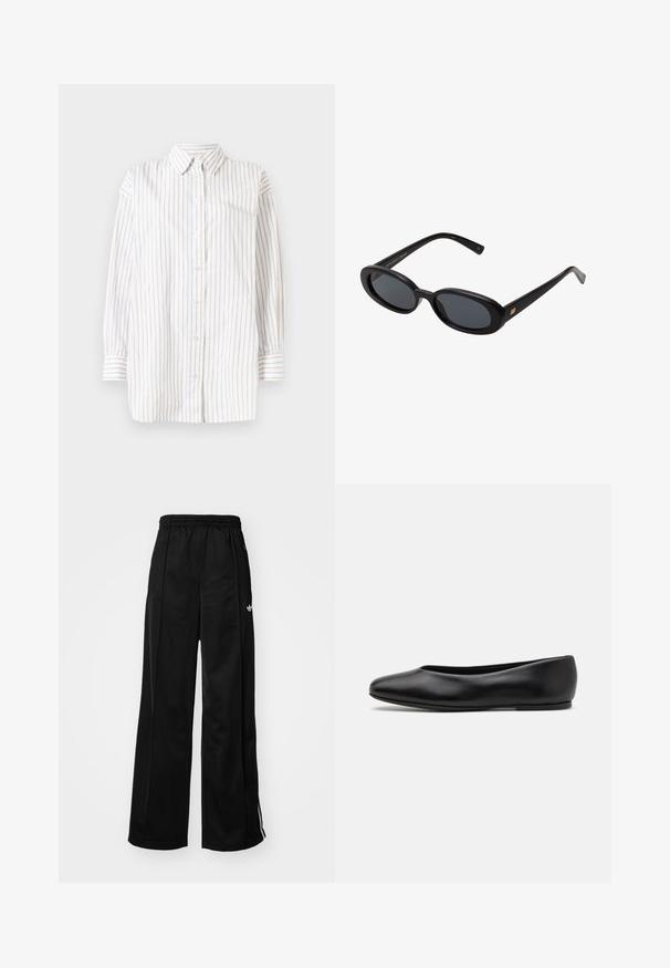 Żółty dzianinowy sweter polo z kołnierzykiem, z trzema ciemnymi guzikami, ściągacz na dole i długimi rękawami, wykonany z miękkiego materiału.; Biała koszula z długim rękawem w pionowe paski w kolorze jasnoniebieskim i różowym. Posiada zapinany na guziki przód i zaostrzony kołnierzyk. Miękki materiał.; Czarne szerokie spodnie dresowe z elastycznym pasem, z białymi paskami po bokach i małym logo na lewym biodrze. Gładka tekstura materiału.; Paul Smith TOPANGA czarny; Czarne, oversize okulary przeciwsłoneczne z owalnymi soczewkami, gładkim plastikowym mostkiem i złotymi akcentami na zausznikach. Ciemne soczewki zapewniają ochronę przed słońcem.; Granatowa skórzana torebka z dwoma długimi uchwytami, detalem w postaci klamry oraz dołączonym breloczkiem. Charakteryzuje się gładką teksturą i prostokątnym kształtem.