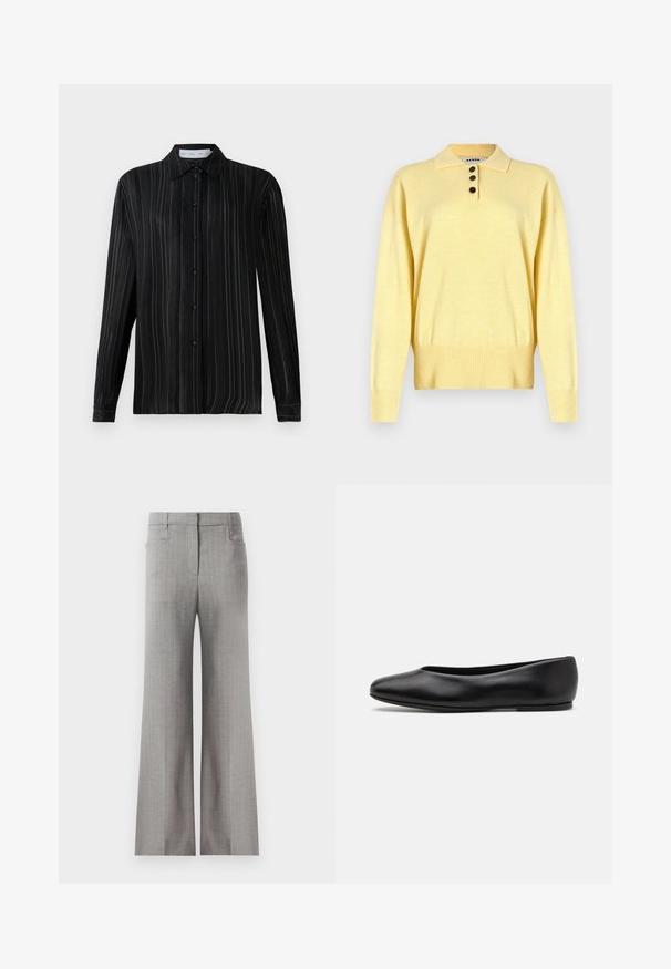 Yellow knitted polo sweater with a collar, featuring three dark buttons, ribbed hem, and long sleeves, made from soft fabric.; Black long-sleeve button-up shirt with fine white vertical pinstripes and a classic collar, displayed on a plain white background.; Light gray wide-leg trousers with a pinstriped pattern, featuring a tailored waistband and two side pockets. Smooth fabric texture.; Paul Smith TOPANGA - Ballet pumps - black