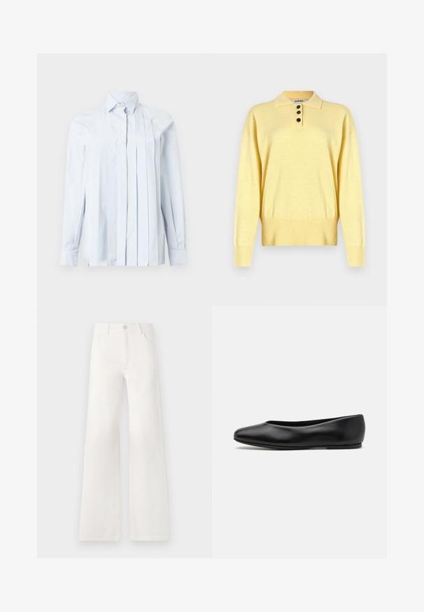 Yellow knitted polo sweater with a collar, featuring three dark buttons, ribbed hem, and long sleeves, made from soft fabric.; Light blue long-sleeve shirt with a pointed collar, featuring vertical pleats down the front and button closure at the neck. Smooth fabric texture.; White, high-waisted wide-leg jeans made of denim. Features a button closure, two front pockets, and side seams with stitching details.; Paul Smith TOPANGA - Ballet pumps - black