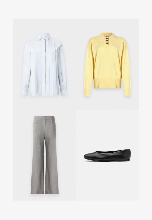 Gul strikket polo sweater med krave, der har tre mørke knapper, ribbet bund og lange ærmer, lavet af blødt stof.; Lys blå langærmet skjorte med spidse krave, der har lodrette plisseringer ned ad fronten og knaplukning ved halsen. Glat stoftekstur.; Lys grå bredbenede bukser med et nålestribet mønster, der har en skræddersyet talje og to sidelommer. Glat stofstruktur.; Paul Smith TOPANGA - Ballerinasko - black