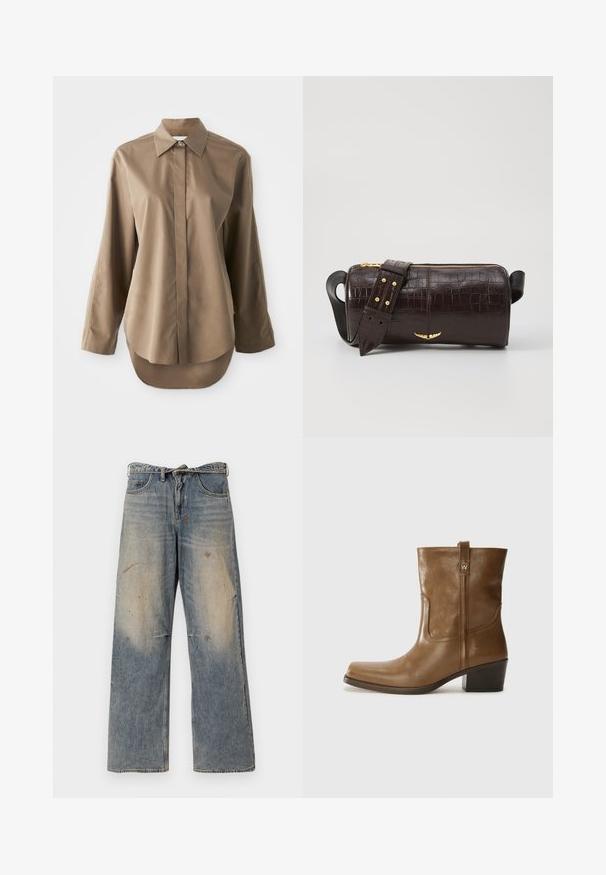 Yellow knitted polo sweater with a collar, featuring three dark buttons, ribbed hem, and long sleeves, made from soft fabric.; Brown long-sleeve shirt made of smooth fabric, featuring a pointed collar, front button closure, and a rounded hem at the back.; Light blue denim jeans with a loose, straight-leg design. Features whiskering, fading, and distressed details near knees. Classic five-pocket style.; Brown leather ankle boot with a square toe, textured finish, and a low stacked heel. Features a rear pull tab and subtle stitching details.; Brown crocodile-embossed leather bag with a cylindrical shape, gold-tone hardware, and a detachable strap featuring studs.