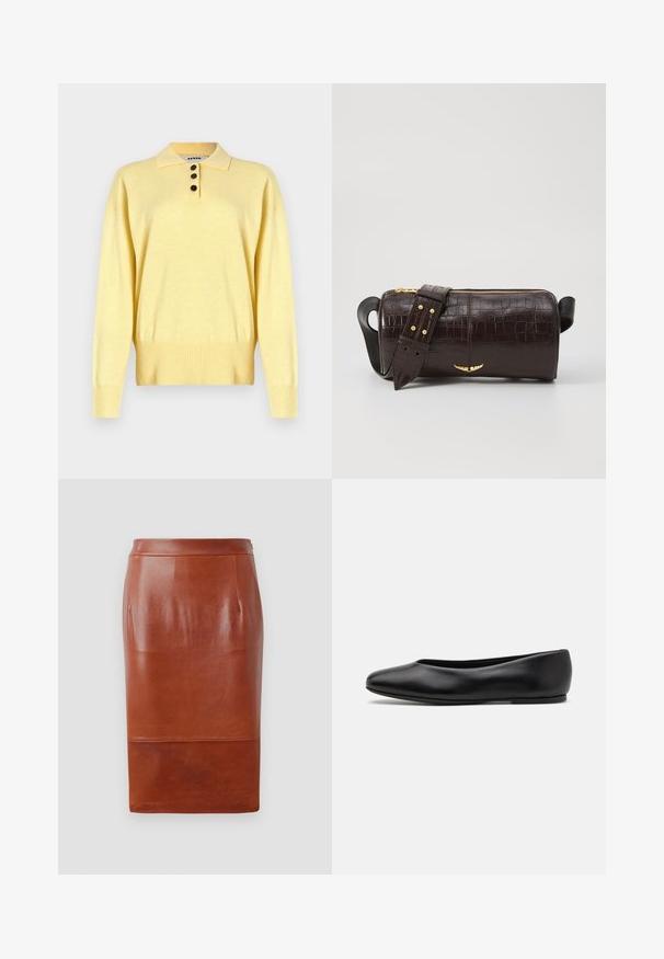 Yellow knitted polo sweater with a collar, featuring three dark buttons, ribbed hem, and long sleeves, made from soft fabric.; Brown leather pencil skirt with a smooth texture, knee-length design, and a subtle sheen. Features a fitted waistband and side pockets.; Paul Smith TOPANGA - Ballet pumps - black; Brown crocodile-embossed leather bag with a cylindrical shape, gold-tone hardware, and a detachable strap featuring studs.