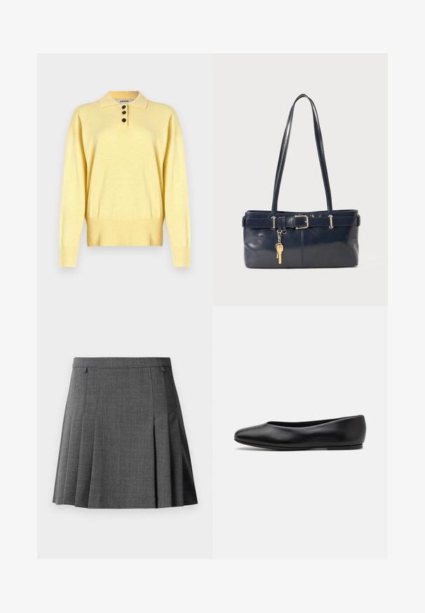 Suéter polo de punto amarillo con cuello, con tres botones oscuros, dobladillo acanalado y mangas largas, hecho de un tejido suave.; Falda gris con pliegues y cintura ajustada, confeccionada en una tela suave y de peso medio.; Paul Smith TOPANGA - Bailarinas - black; Bolso de mano de cuero navy con dos asas largas, un detalle de hebilla y un llavero adjunto. Presenta una textura suave y una forma rectangular.