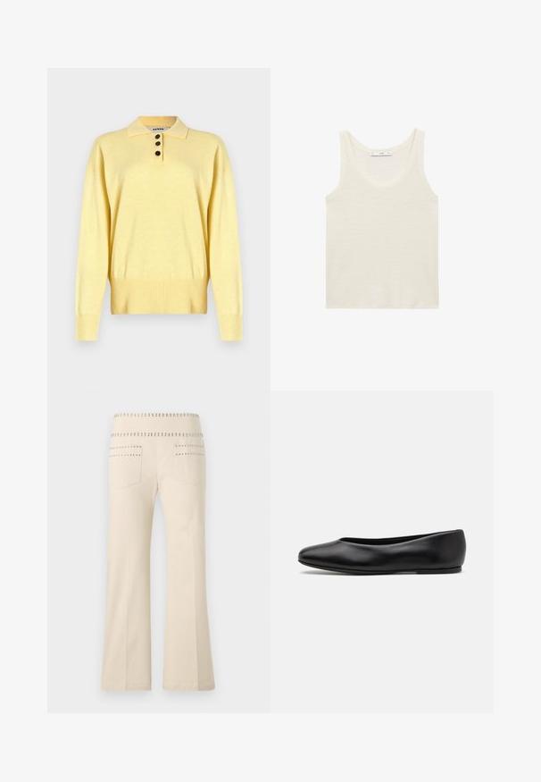Pulover polo tricotat galben cu guler, având trei nasturi negri, tiv cu nervuri și mâneci lungi, realizat dintr-un material moale.; Top alb din material ușor. Dispune de un gât rotund și brațe largi, cu o textură netedă și un design minimalist.; Pantaloni evazați de culoare crem, cu accente înfăcute pe talie și pe buzunarele din spate, fabricați dintr-un material moale și texturat.; Paul Smith TOPANGA - Balerini - black