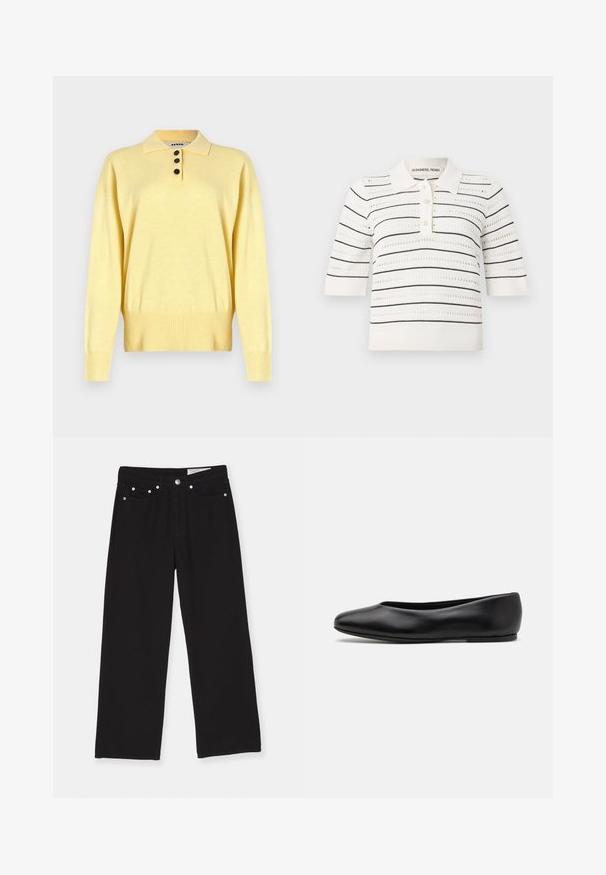 Yellow knitted polo sweater with a collar, featuring three dark buttons, ribbed hem, and long sleeves, made from soft fabric.; Short-sleeve polo top in cream with black stripes. Features a button placket, knitted texture, and openwork design for ventilation.; Black wide-leg jeans made of denim, featuring a five-pocket design, button closure, and metal hardware accents. Textured fabric with a smooth finish.; Paul Smith TOPANGA - Ballet pumps - black