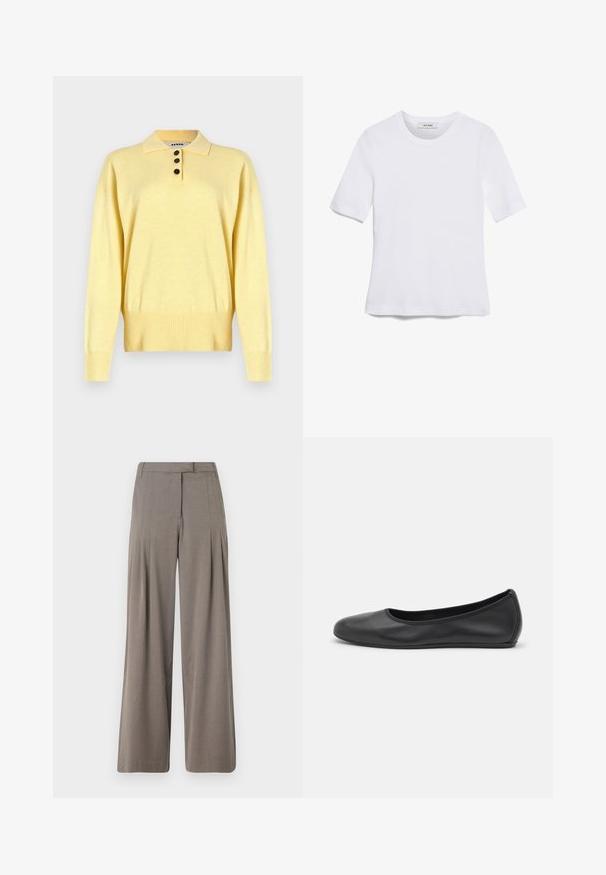 Dzeltena adīta polo džemperis ar apkakli, ar trim tumšām pogām, ribota apakšmalu un garām piedurknēm, izgatavots no mīksta materia.; Balta īsām piedurknēm T-krekls, izgatavots no ribota auduma. Apaļš izgriezums, regulāra piegriezuma un diskrēti šuvumu detaļas. Bez printiem vai grafikām.; Platas kājas bikses gaiši brūnā audumā, ar krokām, līdzeno priekšpusi un tīru apakšmalu. Gluda tekstūra ar subtīlu spīdumu.; Melna ādas baleta kurpe ar noapaļotu purngalu, gludu tekstūru, minimālu šuvju detalizāciju un elastīgu zoles dizainu.