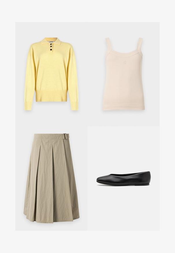 Yellow knitted polo sweater with a collar, featuring three dark buttons, ribbed hem, and long sleeves, made from soft fabric.; Beige ribbed tank top with thin straps and a rounded neckline. Features a stitched logo on the front. Smooth texture, fitted design.; Beige pleated skirt with a smooth texture, featuring a belt loop and an A-line shape, designed with a knee-length cut.; Paul Smith TOPANGA - Ballet pumps - black