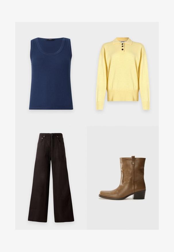Sárga kötött póló pulóver nyakkal, három sötét gombbal, bordás aljjal és hosszú ujjal, puha anyagból készült.; Tengerészkék bordázott, ujjatlan felső kerek nyakkal. Puha anyagból készült, testhez álló kialakítással és egyenes aljjal.; Fekete, bő szárú nadrág könnyű anyagból. Beállítható derék, elülső zsebek és finom textúra jellemzi.; Barna bőrből készült bokacsizma négyzet alakú orral, texturált felülettel és alacsony, rakott sarkával. Hátsó húzófüllel és finom varrási részletekkel rendelkezik.