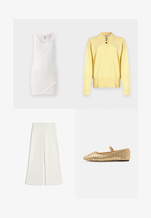 Žltý pletený polo sveter s golierom, obsahujúci tri tmavé gombíky, rebrovaný lem a dlhé rukávy, vyrobený z mäkkej tkaniny.; Biely tielko vyrobené z rebrovanej látky, s okrúhlym výstrihom a diagonálnym švom cez prednú časť, s ľahko rozstrapkanými okrajmi.; Biele nohavice so širokými nohavicami vyrobené z hladkej tkaniny. Majú vysoký pás a žiadne viditeľné švy, čo vytvára čistý siluet.; Loeffler Randall LEONIE SOFT BALLET FLAT - Balerínky s remienkom okolo členku - gold