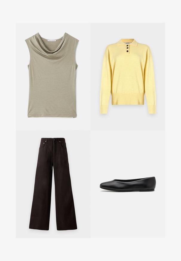 Yellow knitted polo sweater with a collar, featuring three dark buttons, ribbed hem, and long sleeves, made from soft fabric.; Cowl neck sleeveless top in light beige fabric. Soft texture, fitted design, with smooth draping at the neckline and straight hemline.; Black wide-leg pants made from lightweight fabric. Features a drawstring waist, front pockets, and subtle texture.; Paul Smith TOPANGA - Ballet pumps - black