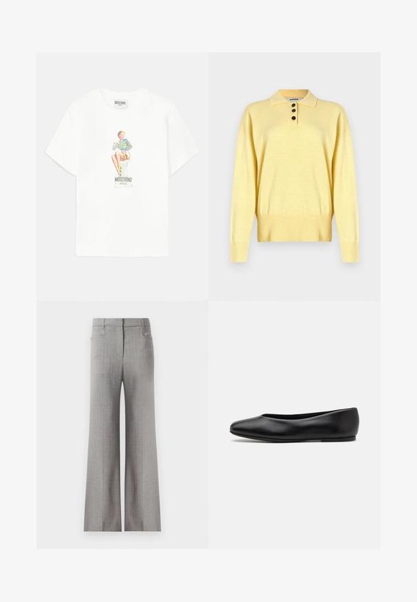 Žuti pleteni polo džemper s ovratnikom, s tri tamne gumbe, rebrastim porubom i dugim rukavima, izrađen od mekane tkanine.; Bijela pamučna majica s raznobojnim grafičkim dizajnom žene koja sjedi na postolju, uz tekst "MOSCHINO JEANS" ispod.; Svijetlosive hlače širokog kroja s uzorkom pruga, s krojenim pojasom i dva bočna džepa. Glatka tekstura tkanine.; Paul Smith TOPANGA - Balerinke - black