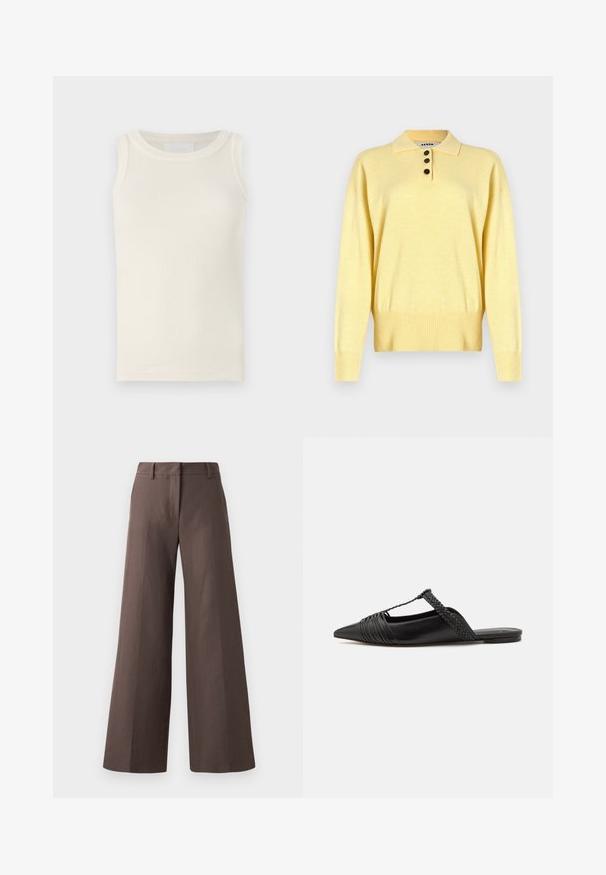 Polo sweater giallo a maglia con colletto, dotato di tre bottoni scuri, orlo a coste e maniche lunghe, realizzato in un tessuto morbido.; Top a costine senza maniche di colore bianco sporco. Presenta un collo rotondo e una texture sottile. Design semplice senza loghi o motivi visibili.; Pantaloni a gamba larga marroni realizzati in un tessuto liscio; presentano un frontale piatto, passanti per cintura e cuciture verticali lungo le gambe.; Scarpa slingback in pelle nera con punta appuntita, con un dettaglio intrecciato e un design superiore plissettato. Suola piatta con hardware minimale.