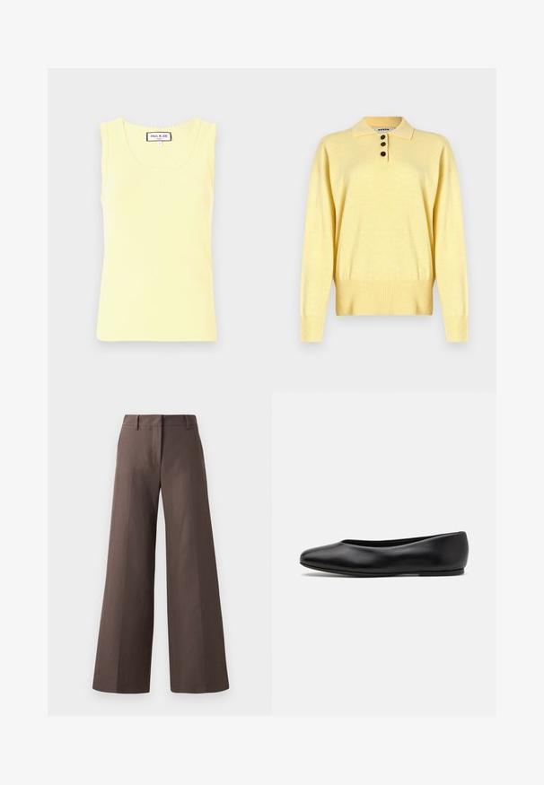 Pull polo tricoté jaune avec un col, comportant trois boutons foncés, un ourlet côtelé et des manches longues, fabriqué en tissu doux.; Débardeur jaune côtelé avec un col rond, des bords festonnés et un petit logo en relief au centre. Fabriqué en tissu doux, à manches courtes.; Pantalons amples marron en tissu lisse ; dotés d'un devant plat, de passants de ceinture et de coutures verticales le long des jambes.; Paul Smith TOPANGA - Ballerines - black