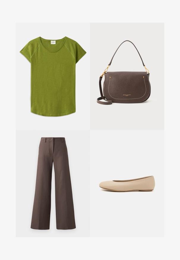 Geltonas megztinis polo su apykakle, turintis tris tamsias mygtukus, raukšlėtą apačią ir ilgomis rankovėmis, pagamintas iš minkštos medžiagos.; Žalias, trumpomis rankovėmis marškinėliai, pagaminti iš minkštos medžiagos. Sukurti su apvaliu kaklu ir laisvu siluetu. Švarus dizainas be matomų raštų ar akcentų.; Rudos plačios kojos kelnės, pagamintos iš glotnaus audinio; turi lygų priekį, diržo kilpas ir vertikalias siūles per kojas.; Šviesiai ruda odinė baleto bateliai su apvaliu galiuku, minimaliais siūlių detalėmis, žemu kulnu ir subtiliu logotipu gale. Lygi, matinė tekstūra.; Ruda odinė rankinė su tekstūruotu paviršiumi, kreivai formos, su balto siuvimo detalėmis ir auksiniais aksesuarais. Pridedama reguliuojama petneša.