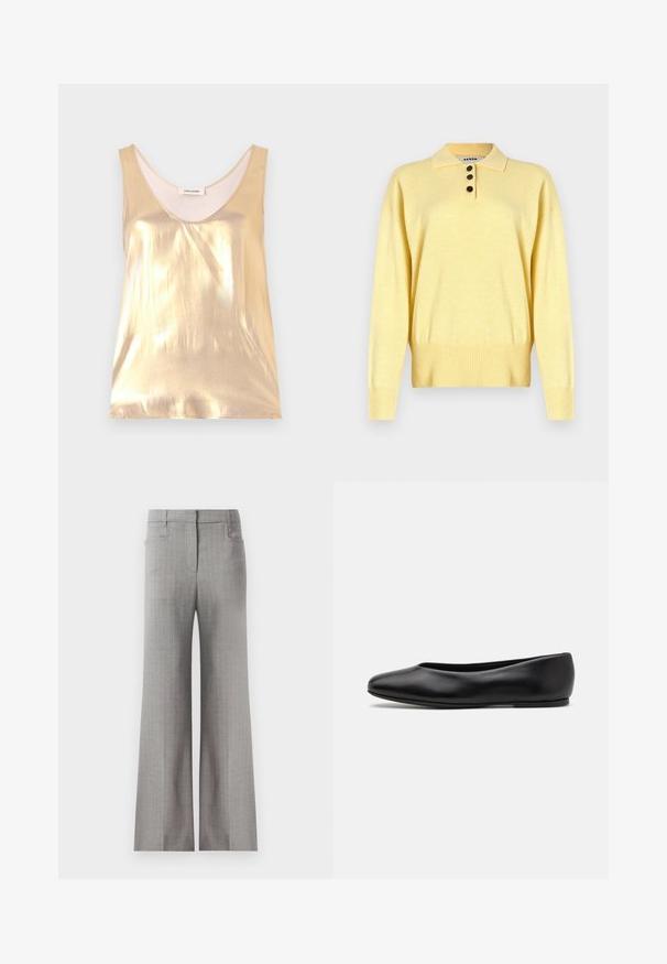 Żółty dzianinowy sweter polo z kołnierzykiem, z trzema ciemnymi guzikami, ściągacz na dole i długimi rękawami, wykonany z miękkiego materiału.; Metaliczna złota bluzka bez rękawów z głębokim dekoltem w serek. Gładka tekstura, dopasowany krój i miękka podszewka.; Koszula zapinana na guziki z długimi rękawami, w pionowe paski w kolorze białym, jasnoniebieskim i jasnoróżowym. Lekki materiał z kołnierzykiem.; Jasnoszare spodnie szerokie z paskowym wzorem, z dopasowaną taliją i dwiema bocznymi kieszeniami. Gładka faktura materiału.; Paul Smith TOPANGA czarny