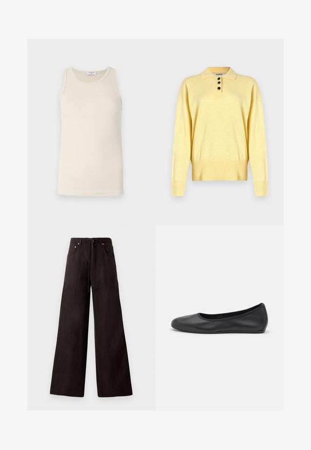 Yellow knitted polo sweater with a collar, featuring three dark buttons, ribbed hem, and long sleeves, made from soft fabric.; Filippa K TANK - Top - dusty beige; Black wide-leg pants made from lightweight fabric. Features a drawstring waist, front pockets, and subtle texture.; Black leather ballet flat with a rounded toe, smooth texture, minimal stitching detail, and a flexible sole design.