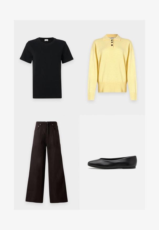 Gelbes, gestricktes Polo Sweatshirt mit Kragen, ausgestattet mit drei dunklen Knöpfen, geripptem Saum und langen Ärmeln, aus weichem Material gefertigt.; Schwarzes Baumwoll-T-Shirt mit kurzen Ärmeln und Rundhalsausschnitt, mit einem dezenten Logo-Detail an der unteren Vorderseite und einem geraden Saum.; Schwarze weite Hosen aus leichtem Material. Mit einem Zugband am Bund, Fronttaschen und dezenter Textur.; Paul Smith TOPANGA - Klassischer Ballerina - black