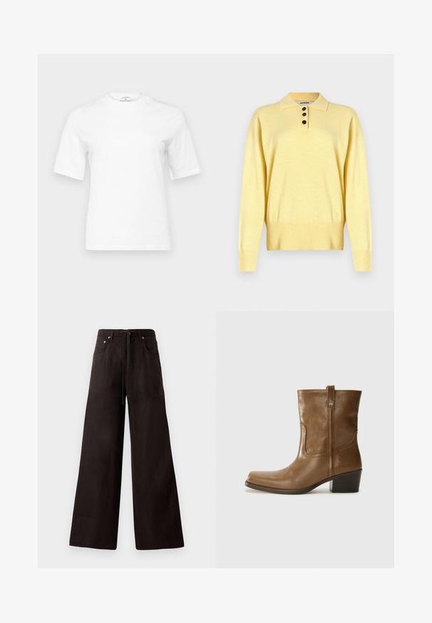 Keltainen neulottu polo pusero, jossa on kaulus, kolme tumman väristä nappia, ribbireunus ja pitkät hihat, valmistettu pehmeästä kankaasta.; Valkoinen puuvillapaitatoppi, jossa on pyöreä kaula-aukko ja lyhyet hiat. Ominaisuuksina suora istuvuus ja minimalistinen muotoilu. Ei kuvioita tai korostuksia.; Mustat leveät housut, jotka on valmistettu kevyestä kankaasta. Ominaisuuksia sisäänrakennettu kiristysvyötärö, etutaskut ja hienovarainen tekstuuri.; Ruske nahkasaappaat nilkkamittaisella leikkauksella, neliönmuotoisella kärjellä, teksturoidulla pinnalla ja alhaisella pinottavalla korolla. Varustettu takana olevan vetotarran ja huomaamattomilla ompeleilla.