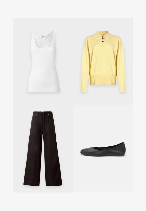 Yellow knitted polo sweater with a collar, featuring three dark buttons, ribbed hem, and long sleeves, made from soft fabric.; White ribbed tank top with a scoop neckline and wide straps, displaying a fitted silhouette and smooth texture. Brand label visible.; Black wide-leg pants made from lightweight fabric. Features a drawstring waist, front pockets, and subtle texture.; Black leather ballet flat with a rounded toe, smooth texture, minimal stitching detail, and a flexible sole design.