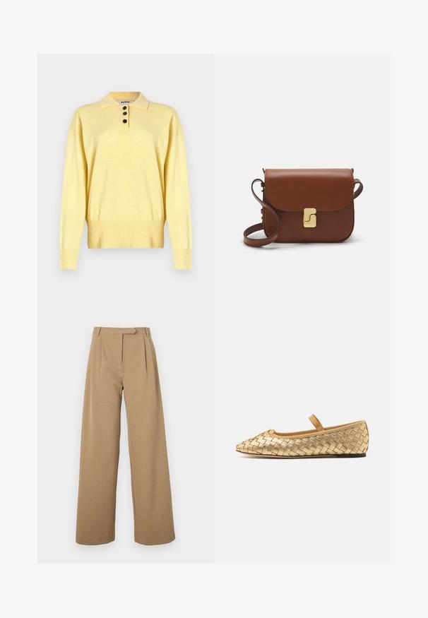 Kolliga kollane kudumiga polo sviiter, millel on kolm tumedat nuppu, soonikuga äär ja pikad varrukad, valmistatud pehmest kangast.; Laia pükse heledas pruunis, valmistatud tekstureeritud kangast. Omab ees voldikuid ja vormitud vöökohta. Lihtne disain, kus pole nähtavat riistvara.; Loeffler Randall LEONIE SOFT BALLET FLAT - Pahkluurihmadega baleriinad - gold; Pruunist nahast käekott, millel on klapiga sulgur, kuldne riistvara, õlarihm ja sile tekstuur. Kompaktne ristkülikukujuline vorm.