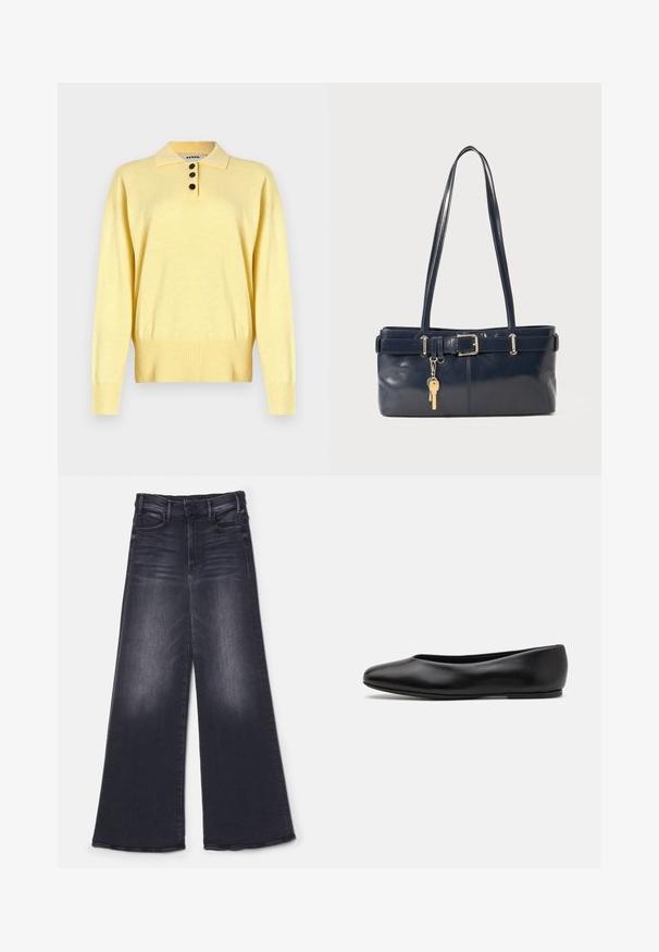 Żółty dzianinowy sweter polo z kołnierzykiem, z trzema ciemnymi guzikami, ściągacz na dole i długimi rękawami, wykonany z miękkiego materiału.; Mother - Wide leg; Paul Smith TOPANGA czarny; Granatowa skórzana torebka z dwoma długimi uchwytami, detalem w postaci klamry oraz dołączonym breloczkiem. Charakteryzuje się gładką teksturą i prostokątnym kształtem.