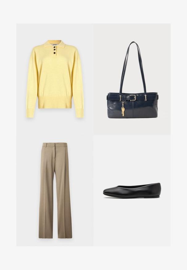 Yellow knitted polo sweater with a collar, featuring three dark buttons, ribbed hem, and long sleeves, made from soft fabric.; Wide-leg trousers in a light brown fabric. Features a smooth texture, neatly pressed creases, and a flat front waistband design.; Paul Smith TOPANGA - Ballet pumps - black; Navy leather handbag with two long handles, a buckle detail, and a keychain attached. Features a smooth texture and a rectangular shape.