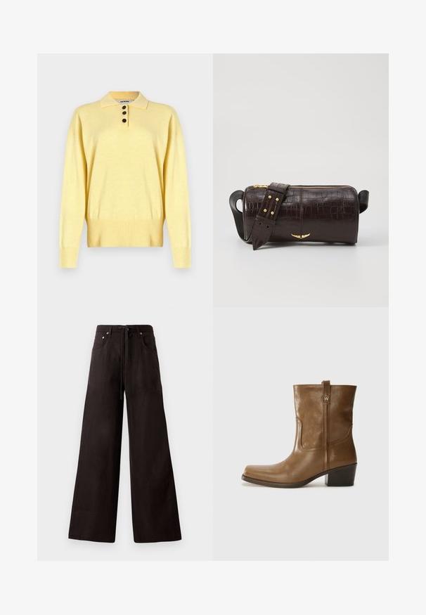 Keltainen neulottu polo pusero, jossa on kaulus, kolme tumman väristä nappia, ribbireunus ja pitkät hihat, valmistettu pehmeästä kankaasta.; Mustat leveät housut, jotka on valmistettu kevyestä kankaasta. Ominaisuuksia sisäänrakennettu kiristysvyötärö, etutaskut ja hienovarainen tekstuuri.; Ruske nahkasaappaat nilkkamittaisella leikkauksella, neliönmuotoisella kärjellä, teksturoidulla pinnalla ja alhaisella pinottavalla korolla. Varustettu takana olevan vetotarran ja huomaamattomilla ompeleilla.; Ruskea krokotiilinkuosilla varustettu nahkalaukku, jossa on sylinterimäinen muoto, kultasävyiset yksityiskohdat ja irrotettava hihna, jossa on niittejä.