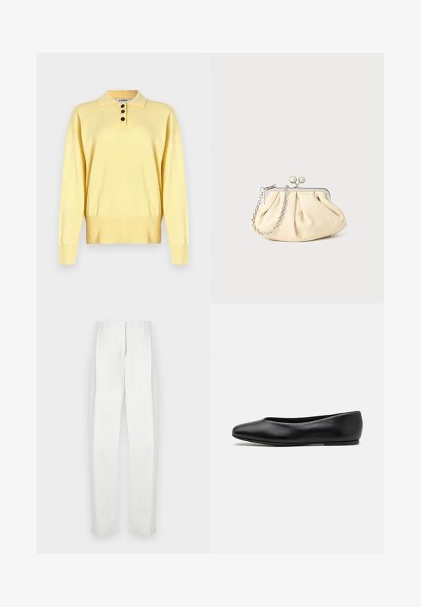 Geel gebreide poloshirt met een kraag, voorzien van drie donkere knopen, een geribde zoom en lange mouwen, gemaakt van zacht materiaal.; Paul Smith Broek - white; Paul Smith TOPANGA - Ballerina's - black; Geplooide beige leren clutch met een zilveren metalen frame, voorzien van twee ronde decoratieve sluitingen en een zilveren kettingriem.