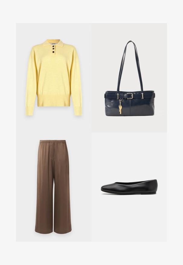 Yellow knitted polo sweater with a collar, featuring three dark buttons, ribbed hem, and long sleeves, made from soft fabric.; Brown wide-leg pants with elastic waistband and smooth fabric, displayed against a plain white background.; Paul Smith TOPANGA - Ballet pumps - black; Navy leather handbag with two long handles, a buckle detail, and a keychain attached. Features a smooth texture and a rectangular shape.