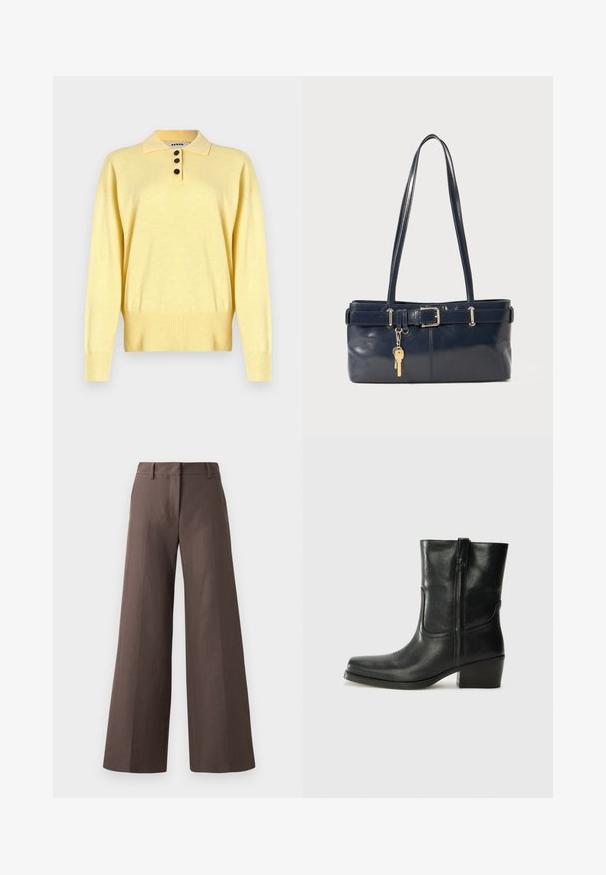 Suéter polo de punto amarillo con cuello, con tres botones oscuros, dobladillo acanalado y mangas largas, hecho de un tejido suave.; Pantalones de pierna ancha marrones hechos de una tela suave; cuentan con una parte delantera plana, trabillas para cinturón y costuras verticales a lo largo de las piernas.; Botín negro de cuero hasta el tobillo con punta redondeada, tacón cuadrado, cremallera lateral y detalles de costura en el empeine. Textura suave, diseño clásico.; Bolso de mano de cuero navy con dos asas largas, un detalle de hebilla y un llavero adjunto. Presenta una textura suave y una forma rectangular.