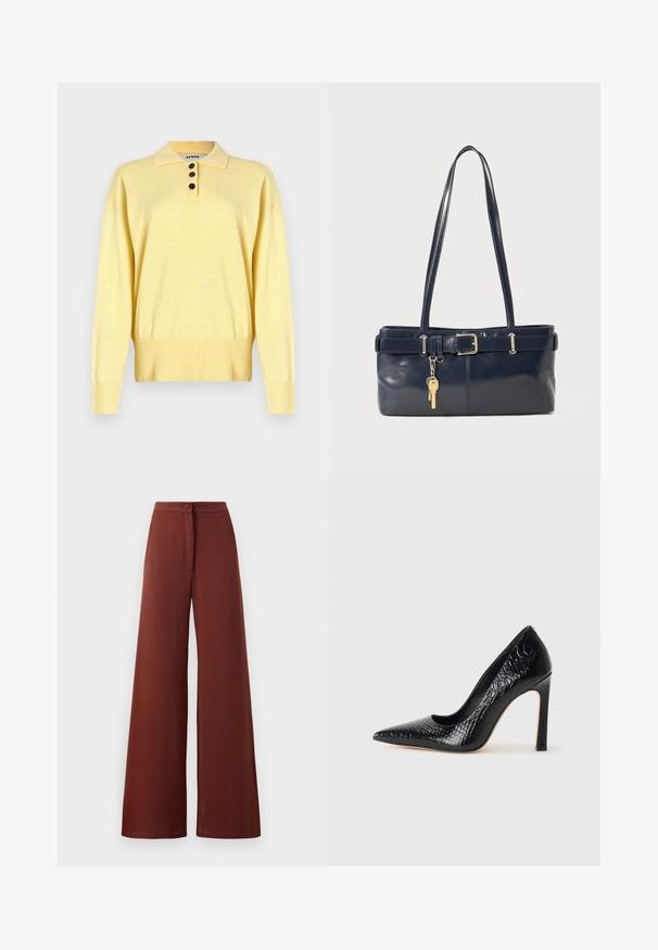 Żółty dzianinowy sweter polo z kołnierzykiem, z trzema ciemnymi guzikami, ściągacz na dole i długimi rękawami, wykonany z miękkiego materiału.; Spodnie o szerokim kroju w ciemnoczerwonym kolorze, z zapięciem na guziki i detalem sznurowania z przodu. Gładka tekstura z luźnym fasonem.; Czarne szpilki z ostrym noskiem, pokryte teksturą skóry krokodyla, charakteryzujące się eleganckim wzornictwem, wysokim obcasem w stylu stiletto oraz gładkim czarnym wnętrzem.; Granatowa skórzana torebka z dwoma długimi uchwytami, detalem w postaci klamry oraz dołączonym breloczkiem. Charakteryzuje się gładką teksturą i prostokątnym kształtem.