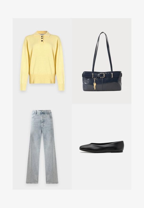 Yellow knitted polo sweater with a collar, featuring three dark buttons, ribbed hem, and long sleeves, made from soft fabric.; Light blue denim jeans with a high waist, wide-leg silhouette, traditional five-pocket design, and subtle whiskering effects.; Paul Smith TOPANGA - Ballet pumps - black; Navy leather handbag with two long handles, a buckle detail, and a keychain attached. Features a smooth texture and a rectangular shape.