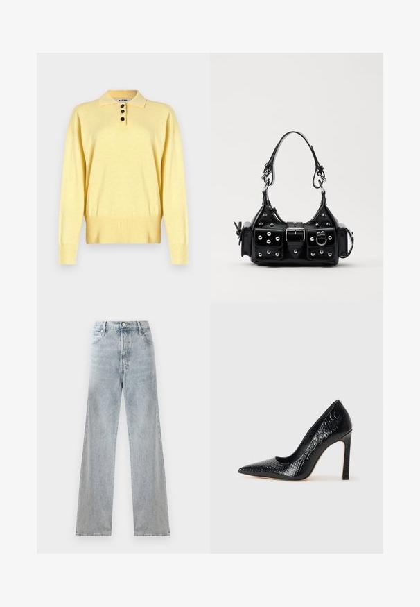 Pull polo tricoté jaune avec un col, comportant trois boutons foncés, un ourlet côtelé et des manches longues, fabriqué en tissu doux.; Jean en denim bleu clair avec taille haute, silhouette à jambes larges, design traditionnel à cinq poches et effets de décoloration subtils.; Escarpin noir à bout pointu avec texture en cuir de crocodile, présentant un design élégant, un haut talon aiguille et un intérieur noir lisse.; Sac à main en cuir noir au design courbé, avec des clous en argent, une boucle et deux poches latérales. Bandoulière réglable pour différentes options de transport.