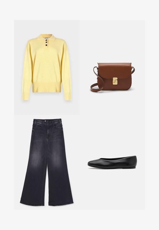 Yellow knitted polo sweater with a collar, featuring three dark buttons, ribbed hem, and long sleeves, made from soft fabric.; Mother LIL HUSTLER ROLLER SNEAK - Wide Leg - not today satan; Paul Smith TOPANGA - Ballet pumps - black; Brown leather handbag with a flap closure, gold-tone hardware, a shoulder strap, and a smooth texture. Compact rectangular shape.