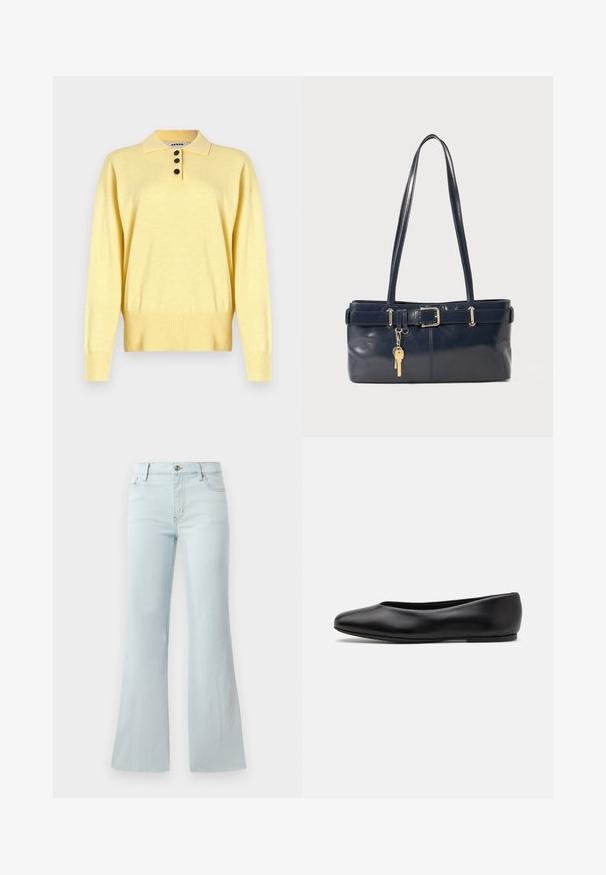 Gul strikket polo sweater med krave, der har tre mørke knapper, ribbet bund og lange ærmer, lavet af blødt stof.; Lyseblå flared jeans lavet af denim. Har et klassisk fem-lomme design og en frontknaplukning. Glat tekstur hele vejen igennem.; Paul Smith TOPANGA - Ballerinasko - black; Mørkeblå læderhåndtaske med to lange håndtag, en spænde detaljer og en nøglering vedhæftet. Den har en glat tekstur og en rektangulær form.