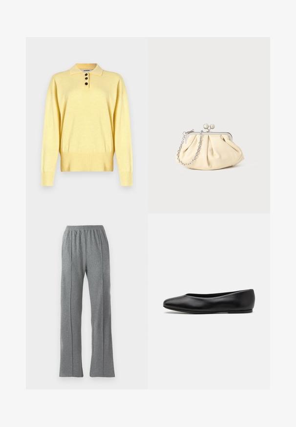 Gul strikket polo sweater med krave, der har tre mørke knapper, ribbet bund og lange ærmer, lavet af blødt stof.; Grå sweatpants med elastisk talje, der har lige ben og subtile side søm detaljer. Lavet af blødt, tekstureret stof.; Paul Smith TOPANGA - Ballerinasko - black; Plisseret beige læderclutch med en sølvmetalramme, der har to runde dekorative låse og en sølvkædetrasporte.