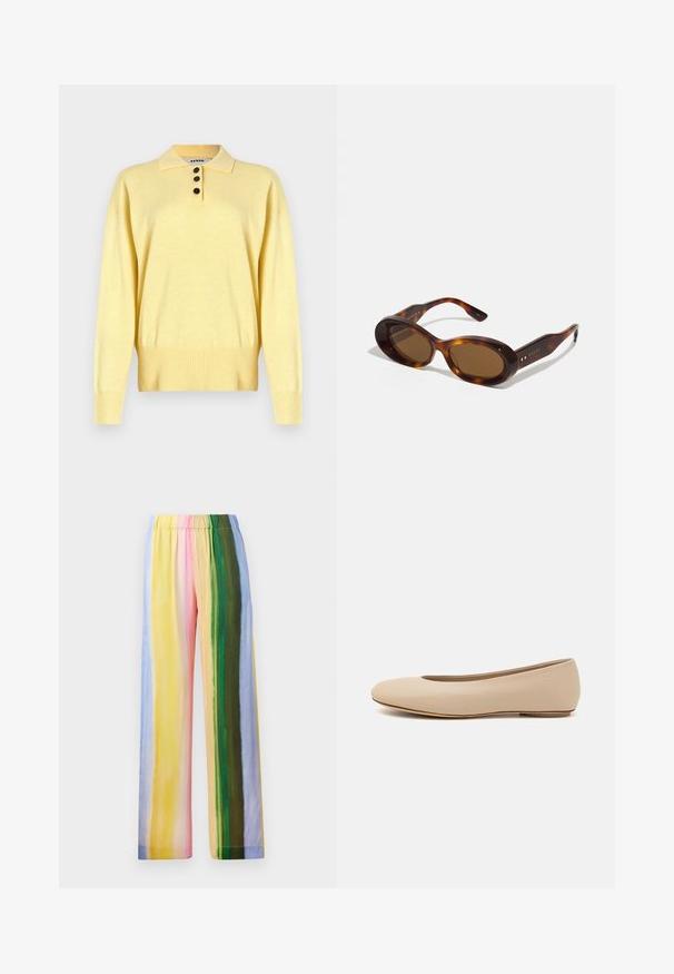 Polo sweater giallo a maglia con colletto, dotato di tre bottoni scuri, orlo a coste e maniche lunghe, realizzato in un tessuto morbido.; Pantaloni a gamba larga con elastico in vita, caratterizzati da righe verticali in colori pastello: giallo, rosa, verde, blu e viola chiaro. Texture liscia.; Ballerine in pelle beige con punta arrotondata, dettagli di cucitura minimi, tacco basso e logo discreto sul retro. Texture liscia e opaca.; Occhiali da sole tartaruga con lenti ovali, tonalità marrone e accenti dorati sulle aste. Montatura spessa con una finitura lucida e una texture liscia.