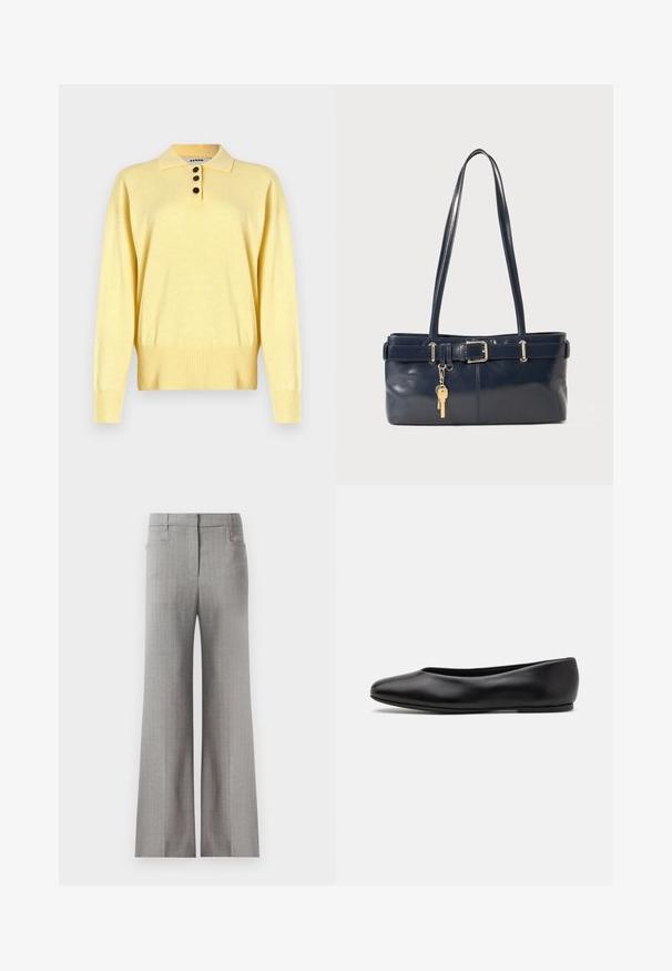 Żółty dzianinowy sweter polo z kołnierzykiem, z trzema ciemnymi guzikami, ściągacz na dole i długimi rękawami, wykonany z miękkiego materiału.; Jasnoszare spodnie szerokie z paskowym wzorem, z dopasowaną taliją i dwiema bocznymi kieszeniami. Gładka faktura materiału.; Paul Smith TOPANGA czarny; Granatowa skórzana torebka z dwoma długimi uchwytami, detalem w postaci klamry oraz dołączonym breloczkiem. Charakteryzuje się gładką teksturą i prostokątnym kształtem.