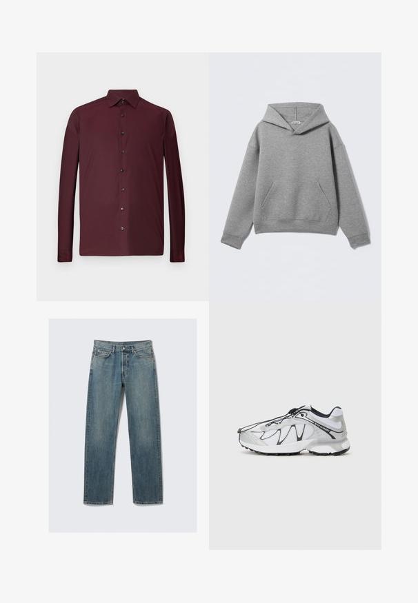 Gray hoodie made of soft fabric, featuring a large front pocket, a deep hood, and ribbed cuffs with a relaxed fit.; Burgundy long-sleeve shirt in textured fabric, featuring a collared neckline and black buttons down the front, with fitted cuffs.; Blue straight-leg denim jeans with front and coin pockets, belt loops, and a metal button closure on a plain background.; White athletic shoes with a mesh upper, black accents, textured rubber sole, and elastic lacing system. Lightweight with a modern design.