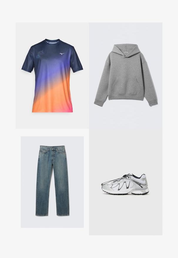 Sivi hoodie od mekanog materijala, s velikim prednjim džepom, dubokom kapuljačom i rebrastim manžetnama, udobnog kroja.; Majica kratkih rukava za sport u gradijentu tamnoplave, ljubičaste, narančaste i ružičaste boje. Sadrži suptilan cvjetni uzorak i logo na prsima. Glatka tkanina.; Plave traperice ravnog kroja s prednjim i džepom za novčiće, petljama za remen i metalnim zatvaranjem na jednostavnoj pozadini.; Bijele atletske cipele s mrežastim gornjim dijelom, crnim detaljima, teksturiranim gumom potplatom i elastičnim sustavom vezanja. Lagane su i modernog dizajna.