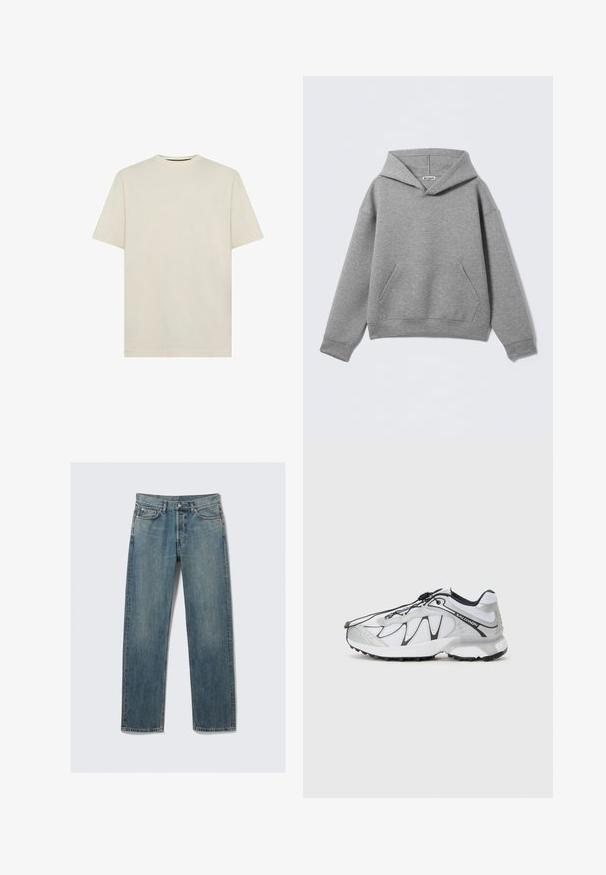 Harmaa huppari, valmistettu pehmeästä kankaasta, jossa on suuri etutasku, syvä huppu ja resorit hihansuissa, rento istuvuus.; Vaaleanbeige puuvillapaita, jossa on klassinen pyöreä kaula-aukko ja lyhyet hihat. Yksinkertainen, koristamaton muotoilu. Pehmeä kangas, normaali istuvuus.; Sinisiä suoria farkkuja, joissa on etutaskut ja kolikkotasku, vyölenkit ja metallinen napp closures tasaisella taustalla.; Valkoiset urheilukengät, joissa on verkkopäällinen, mustat korostukset, teksturoitu kumipohja ja joustava nauhajärjestelmä. Kevyet ja modernin muotoilun omaavat.