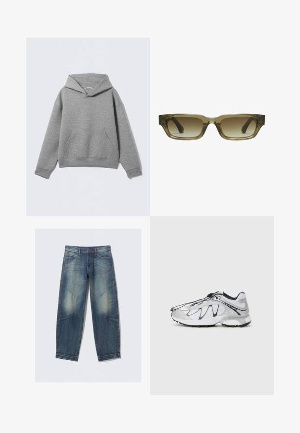 Szürke kapucnis pulóver puha anyagból, nagy első zsebbel, mély kapucnival és bordázott szegélyekkel, kényelmes szabással.; Kék, elhalványodott farmernadrág elülső zsebekkel, övbújtatókkal, valamint díszvarrással a combokon és térdeken, síkban elhelyezve egy fehér háttéren.; Fehér sportcipők hálós felsőrésszel, fekete akcentusokkal, textúrált gumitalppal és elasztikus fűzőrendszerrel. Könnyű, modern dizájnnal.; Barna gradiens napszemüveg, téglalap alakú, vastag kerettel és fekete szárakkal. Átlátszó barna anyag dimenziót ad a kinézetnek.
