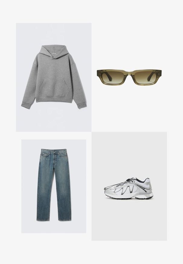 Gray hoodie made of soft fabric, featuring a large front pocket, a deep hood, and ribbed cuffs with a relaxed fit.; Blue straight-leg denim jeans with front and coin pockets, belt loops, and a metal button closure on a plain background.; White athletic shoes with a mesh upper, black accents, textured rubber sole, and elastic lacing system. Lightweight with a modern design.; Brown gradient sunglasses with a rectangular shape, thick chunky frames, and black temples. Transparent brown material adds dimension.